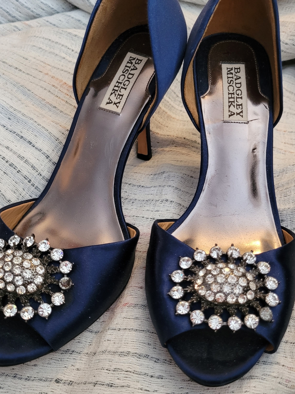 Badgley Mischka Navy Satin Open-Toe Evening Heels with Crystal Brooch